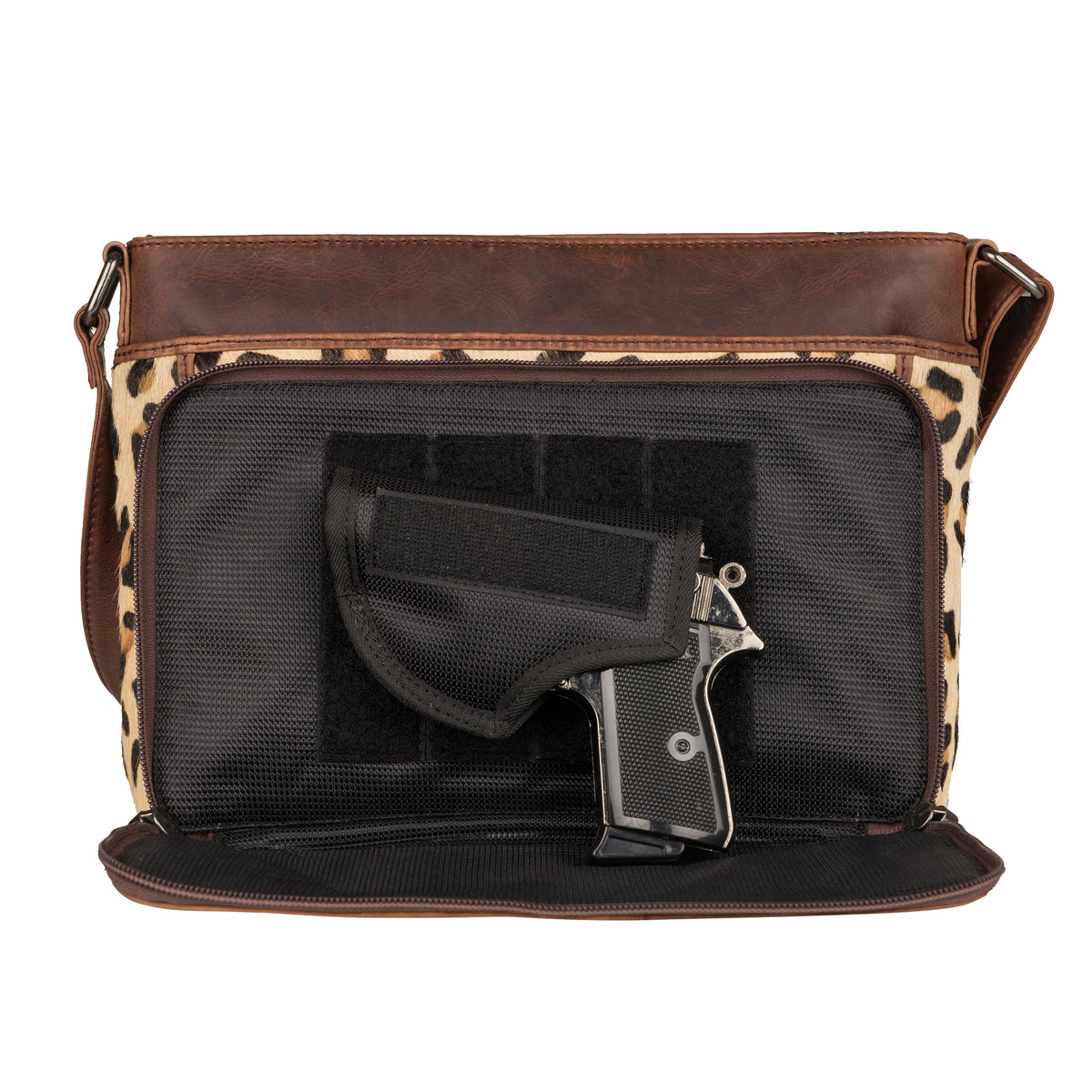 Concealed Carry Josie Genuine Leather Hair-on Leopard Print Crossbody in Indian Leopard/Dark Brown – shown with handgun