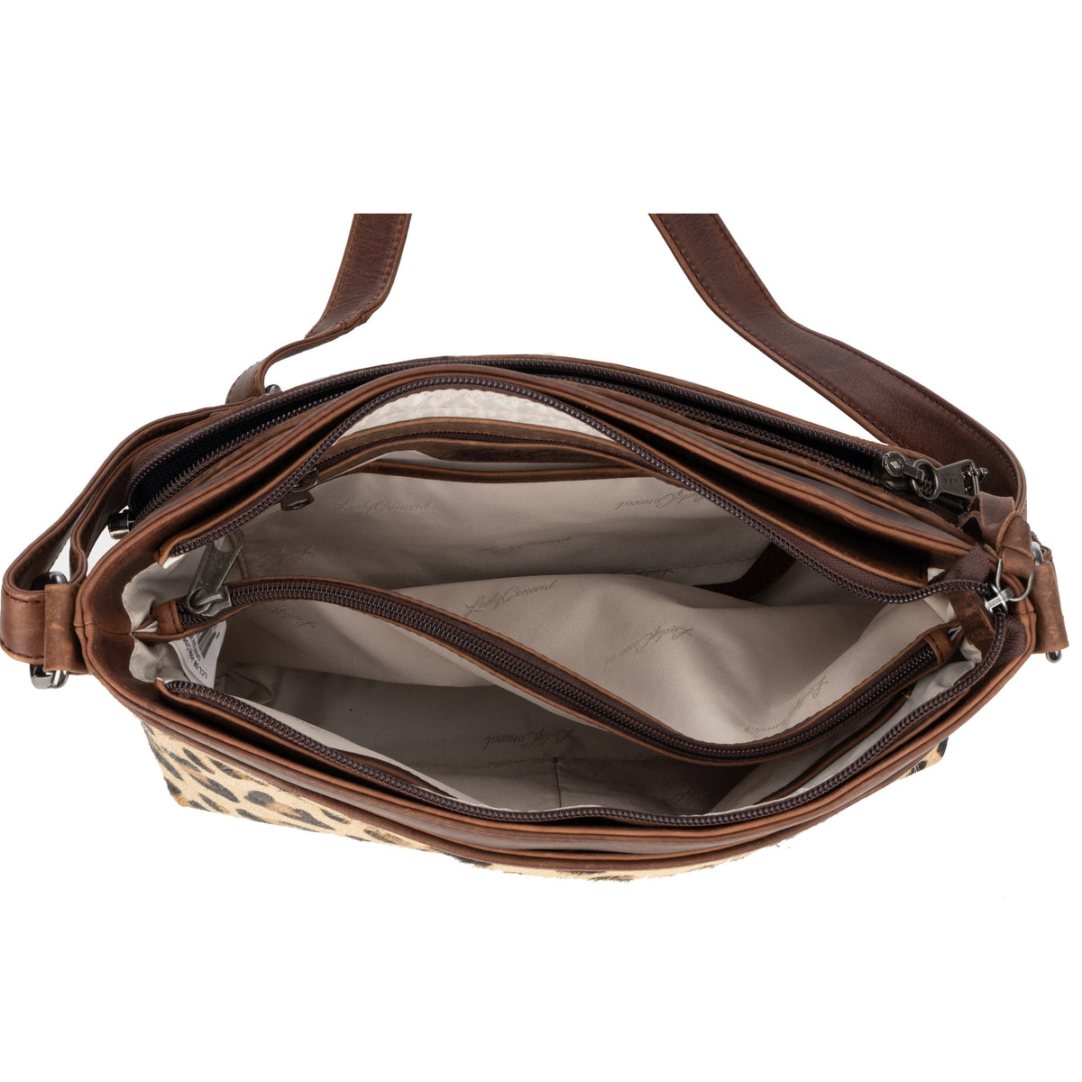 Concealed Carry Josie Genuine Leather Hair-on Leopard Print Crossbody in Indian Leopard/Dark Brown – interior view