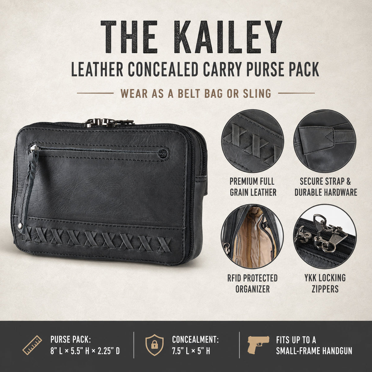 Concealed Carry Kailey Leather Fanny Pack/Sling in Cognac – features & dimensions 2
