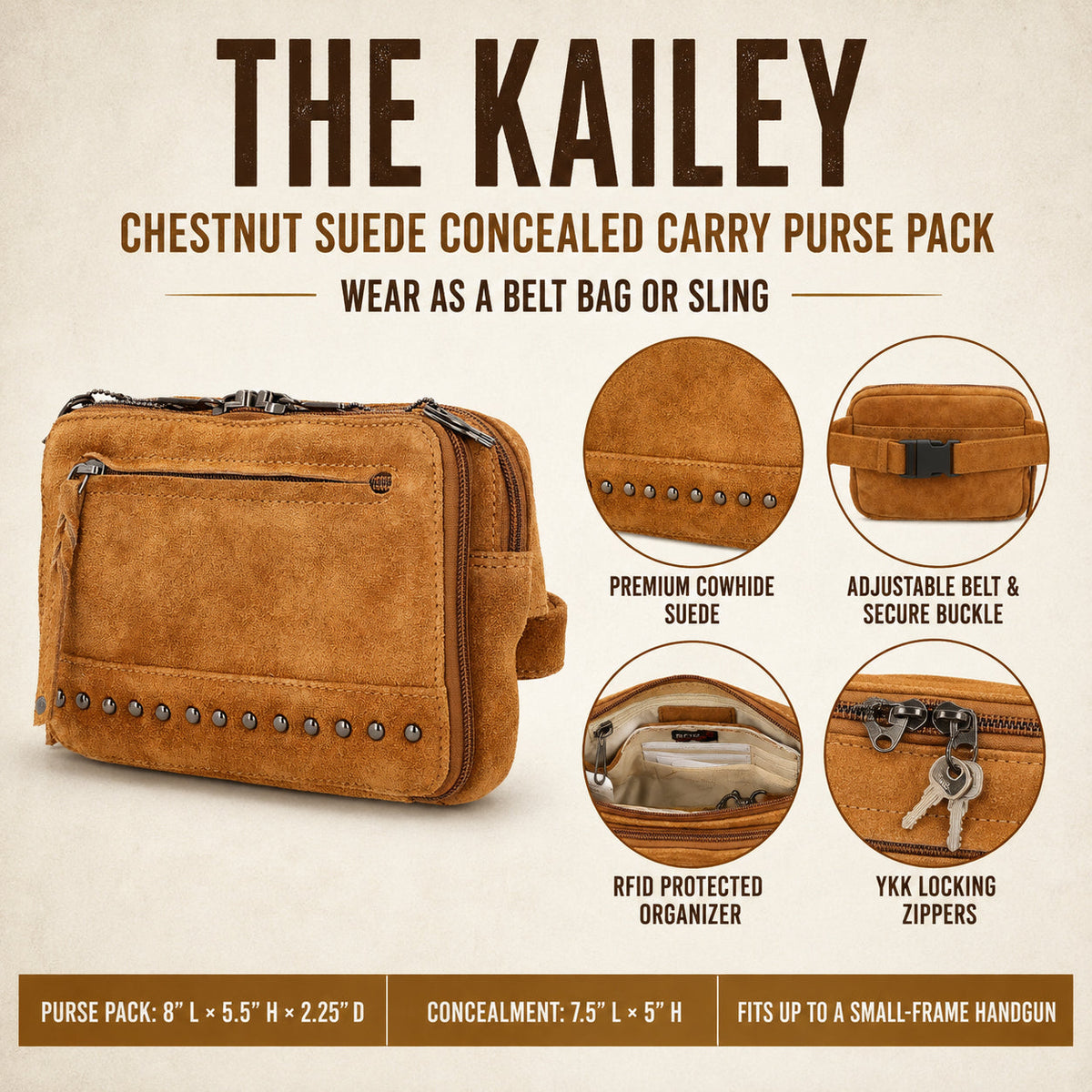 Concealed Carry Kailey Leather Fanny Pack/Sling in Chestnut Suede – features & dimensions