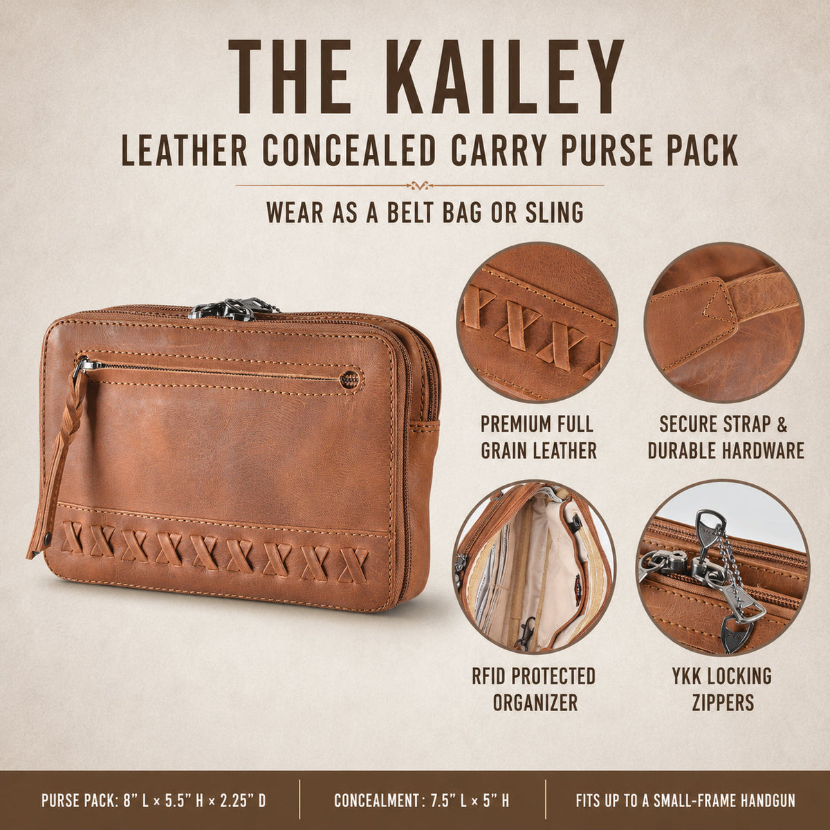 Concealed Carry Kailey Leather Fanny Pack/Sling in Cognac – features & dimensions