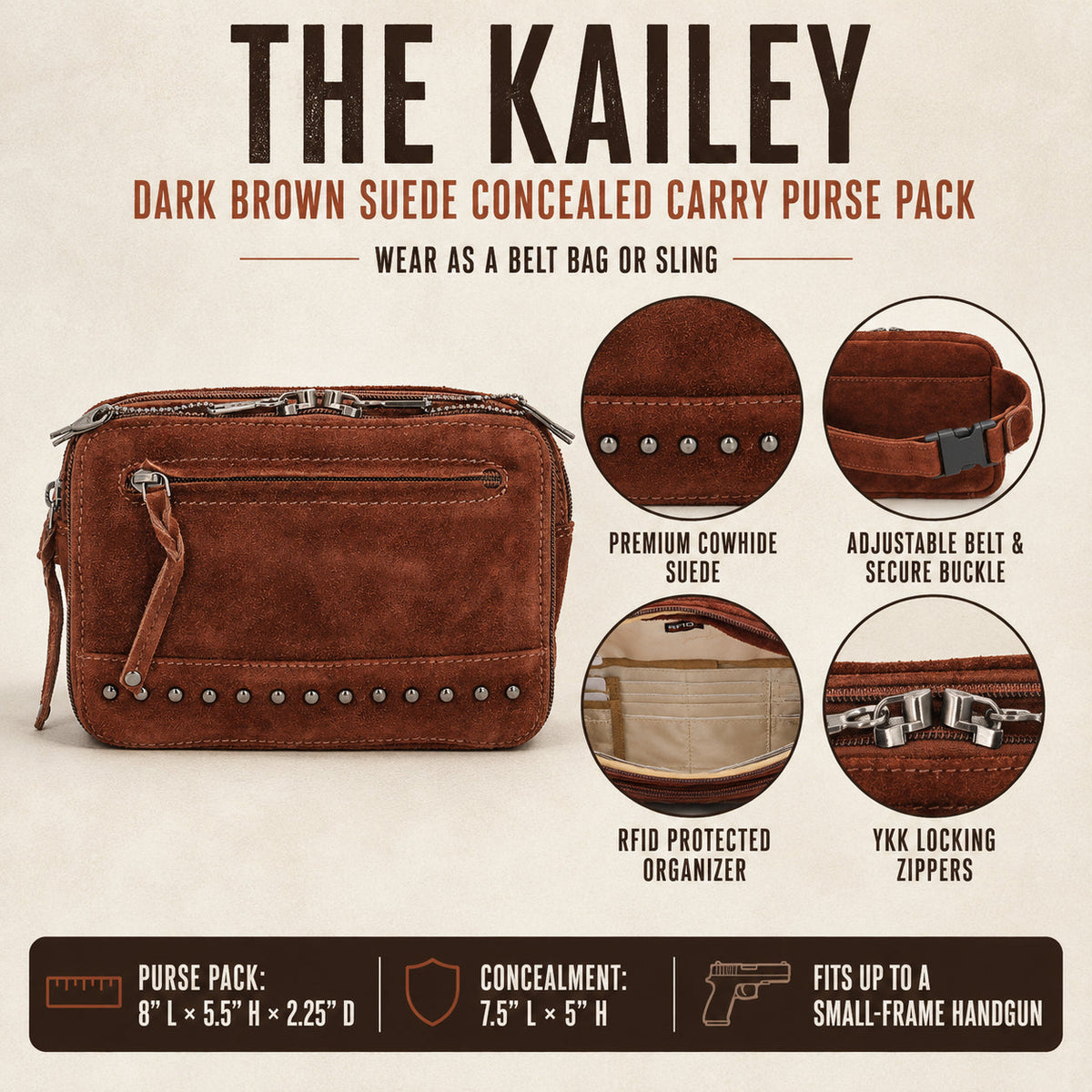 Concealed Carry Kailey Leather Fanny Pack/Sling in Cognac – features & dimensions 4