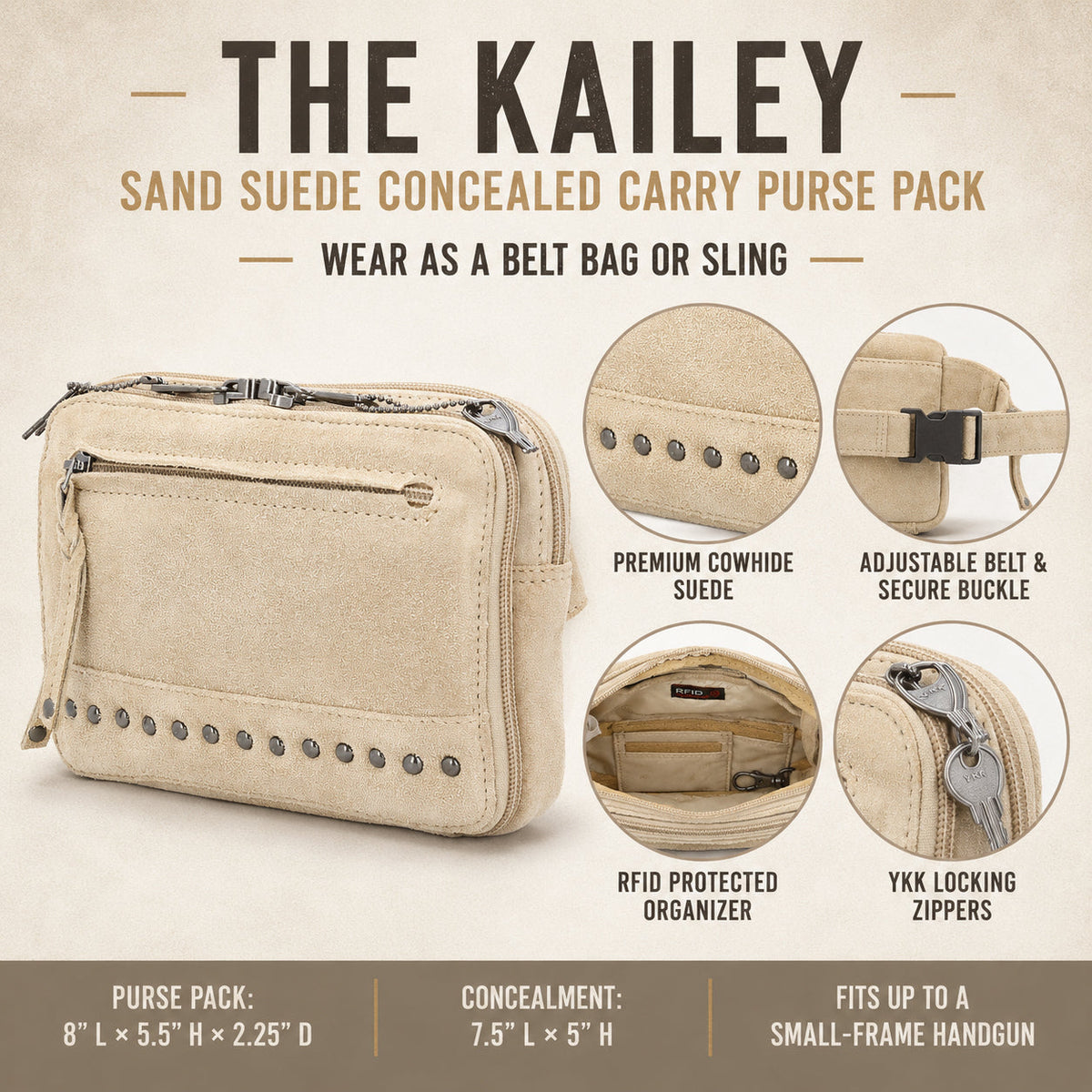 Concealed Carry Kailey Leather Fanny Pack/Sling in Cognac – features & dimensions 3