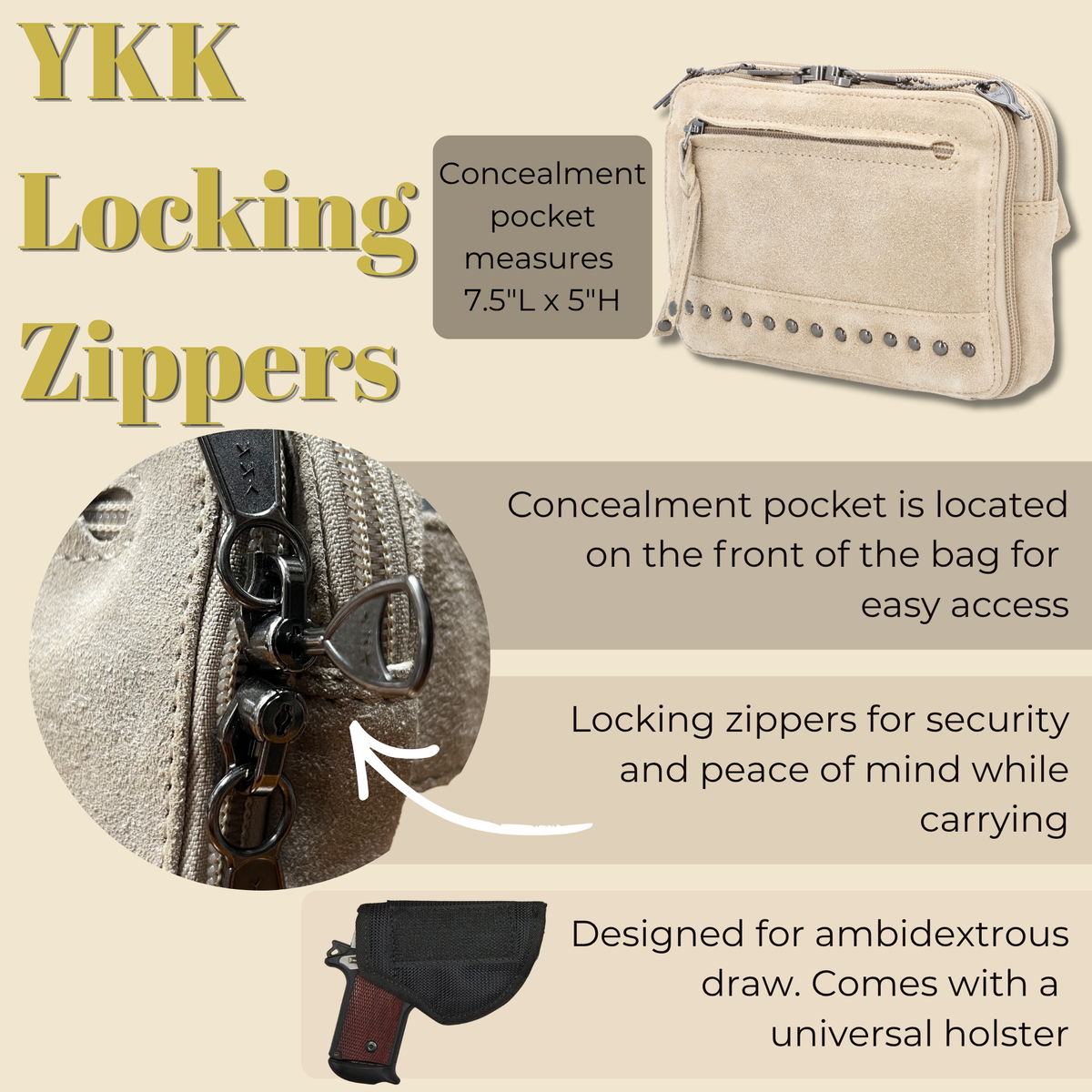Concealed Carry Kailey Leather Fanny Pack/Sling in Cognac – shown with handgun 4