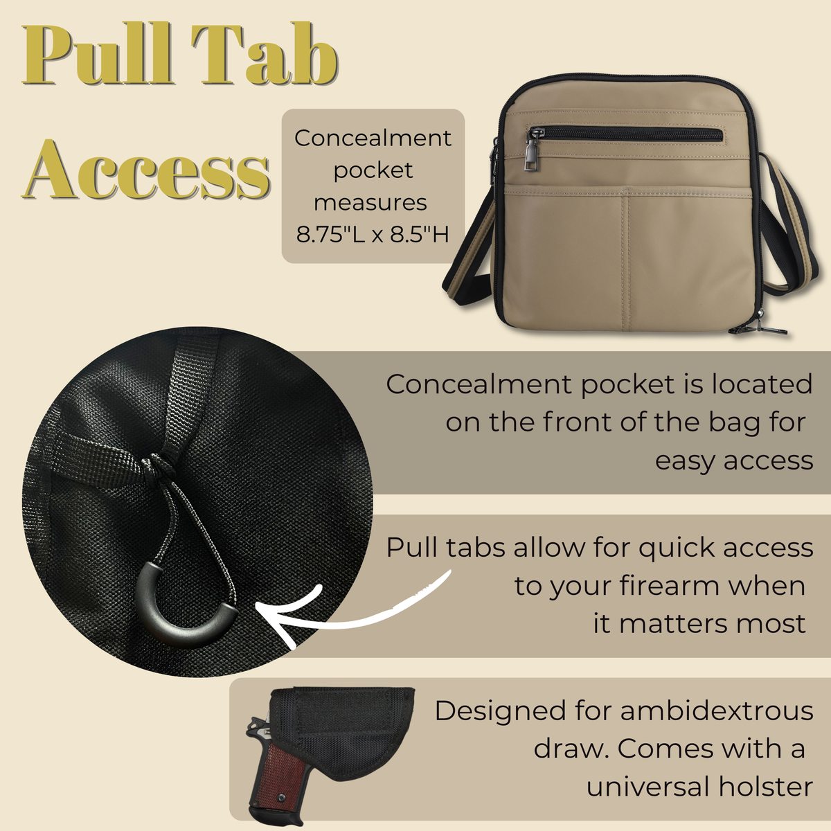 Concealed Carry Nylon Kayden Deluxe Crossbody in Gray – shown with handgun
