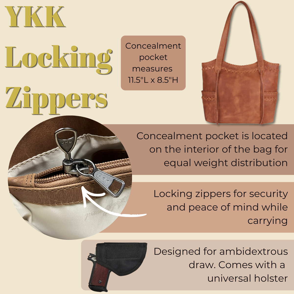 Concealed Carry Kendall Leather Tote in Cognac – shown with handgun 2