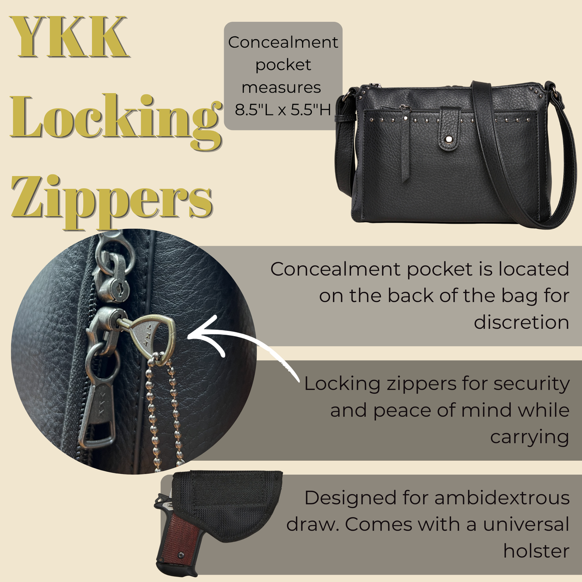 Concealed Carry Kinsley Crossbody with RFID Slim Wallet in Cinnamon – shown with handgun 2