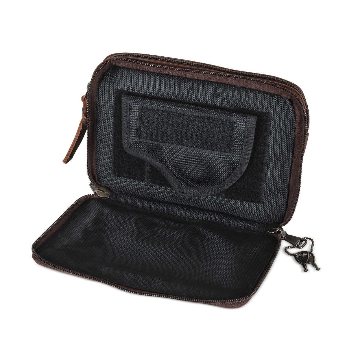 Concealed Carry Kailey Leather Fanny Pack/Sling in Cognac – shown with handgun