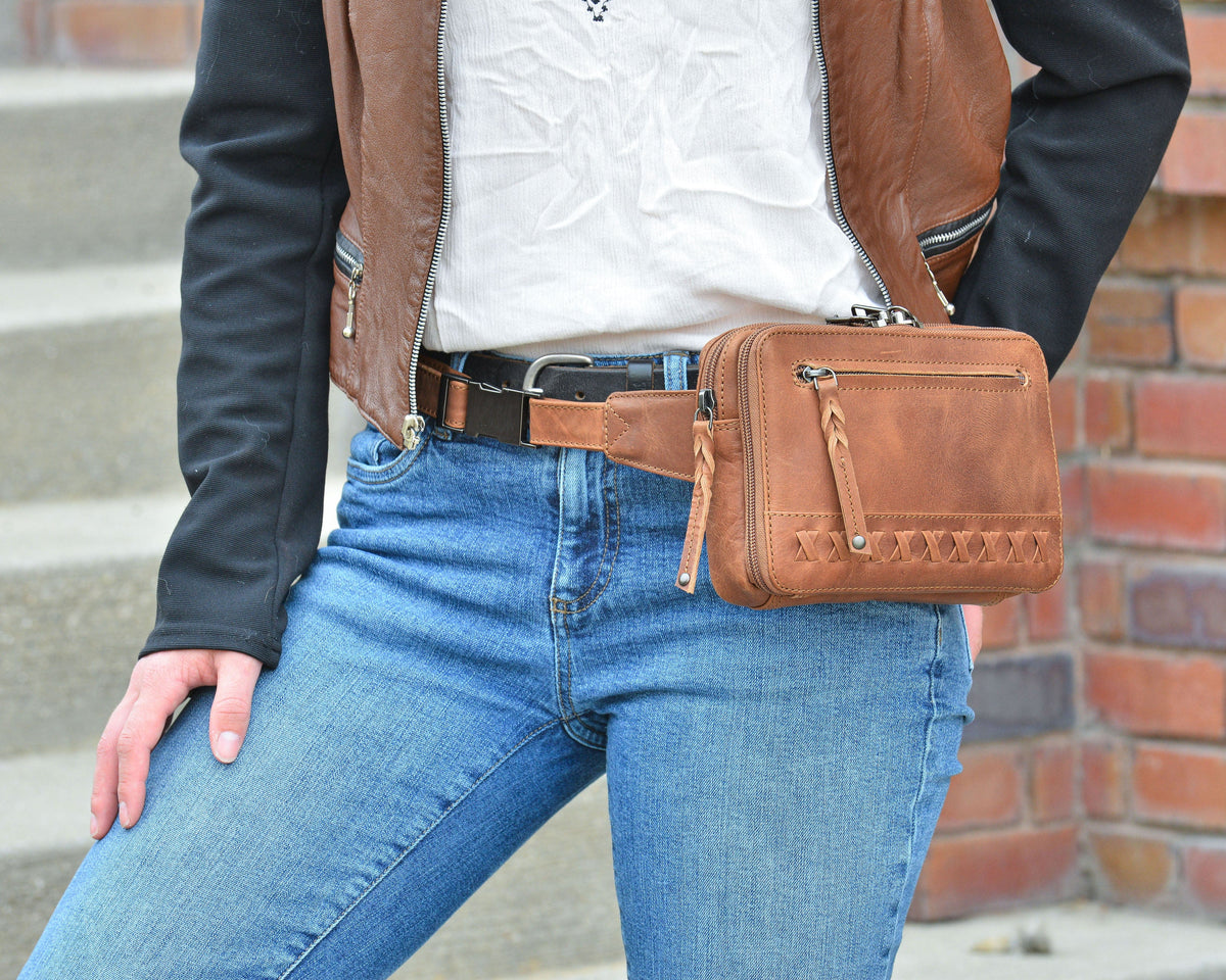 Concealed Carry Kailey Leather Fanny Pack/Sling in Cognac – worn by model