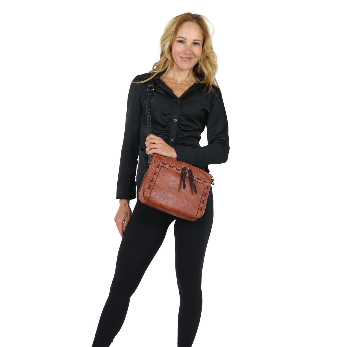 Skylar Concealed Carry Crossbody Organizer in Mahogany – worn by model