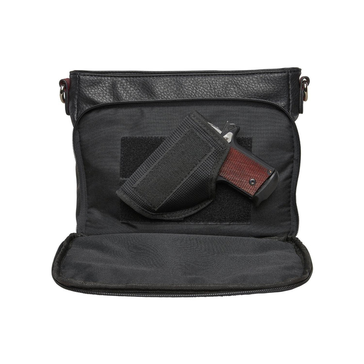Skylar Concealed Carry Crossbody Organizer in Black – shown with handgun