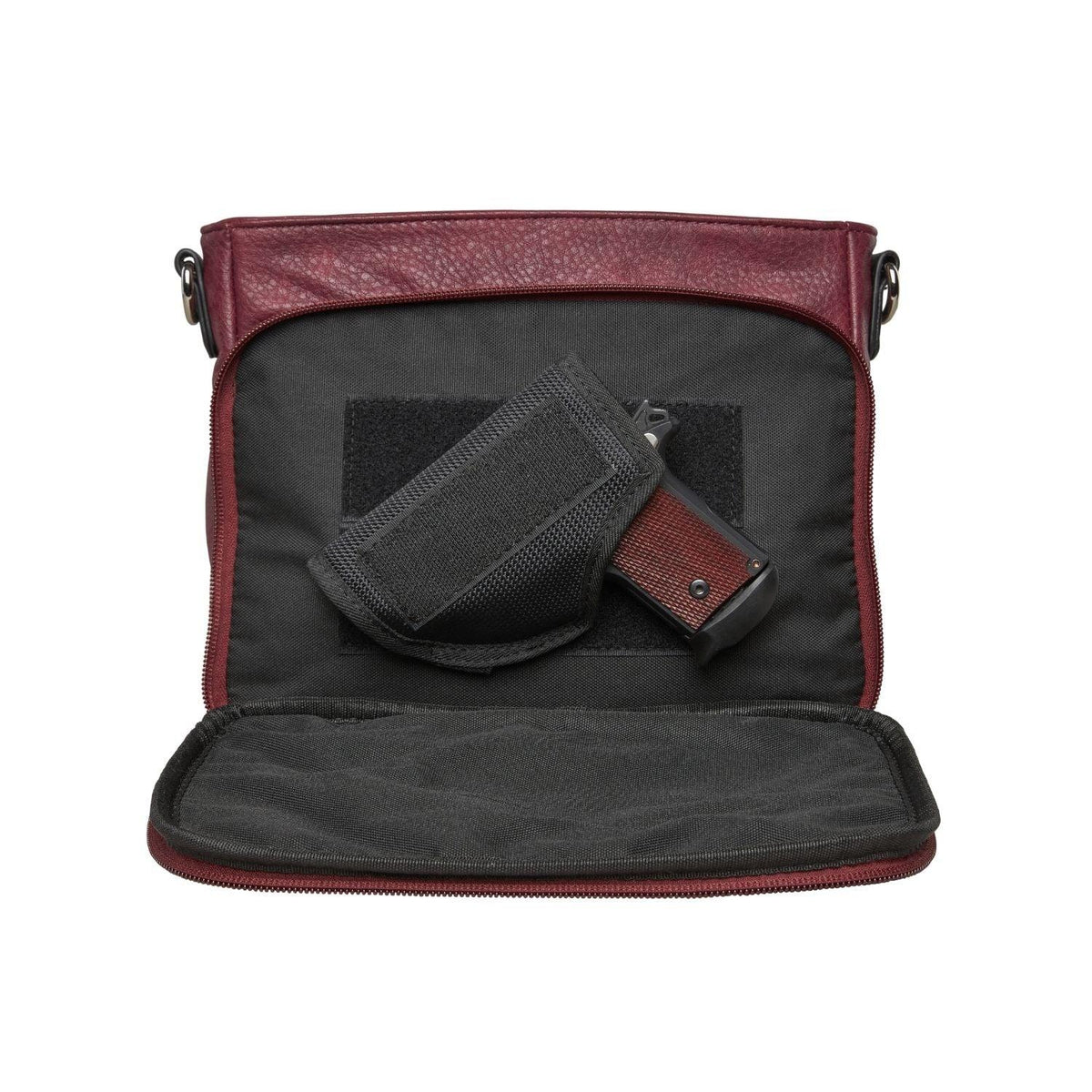 Skylar Concealed Carry Crossbody Organizer in Burgundy – shown with handgun 3