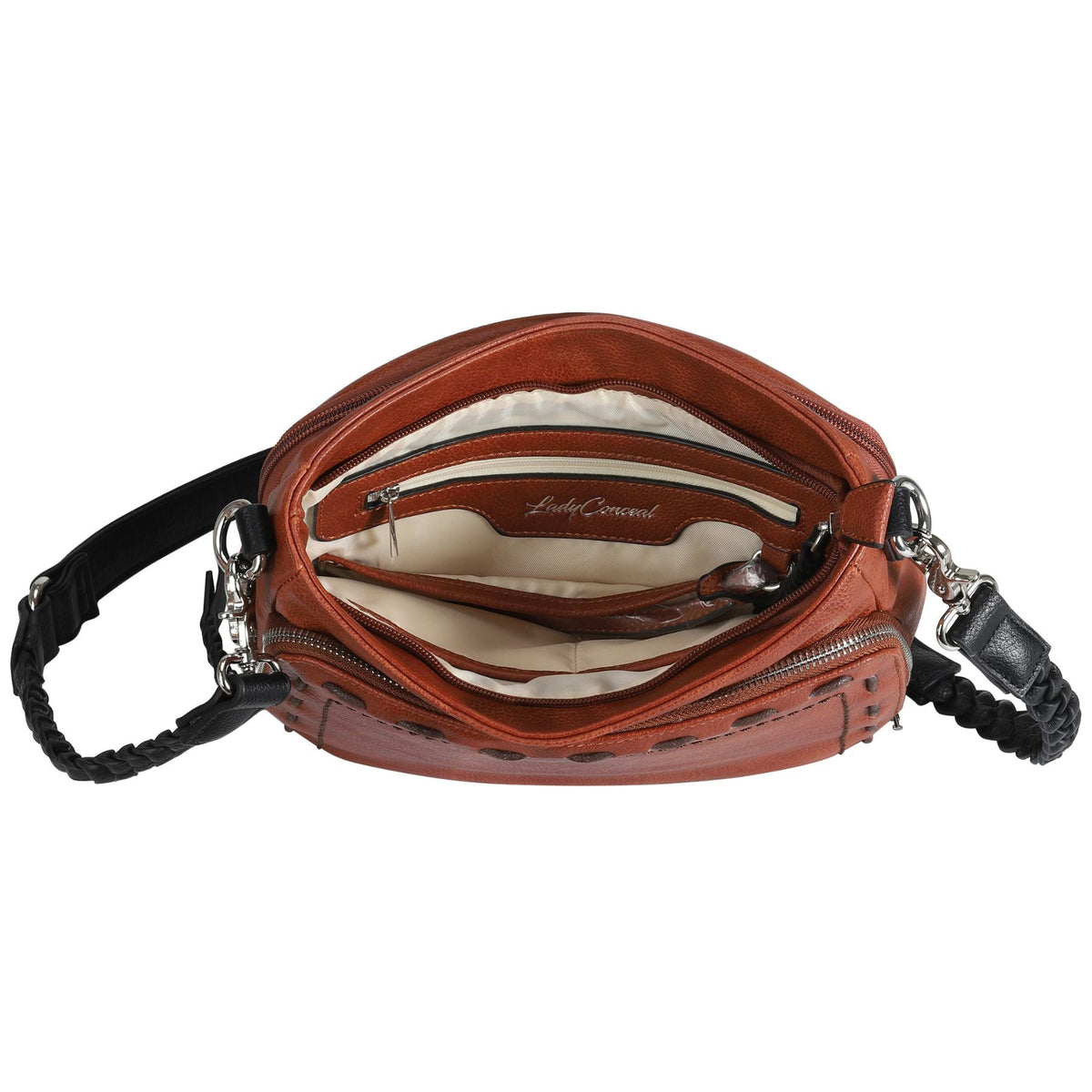 Skylar Concealed Carry Crossbody Organizer in Mahogany – interior view