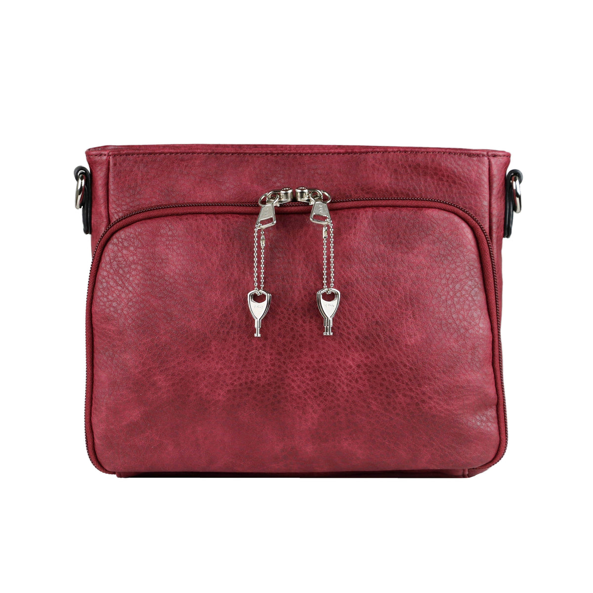 Skylar Concealed Carry Crossbody Organizer in Burgundy – shown with handgun 2