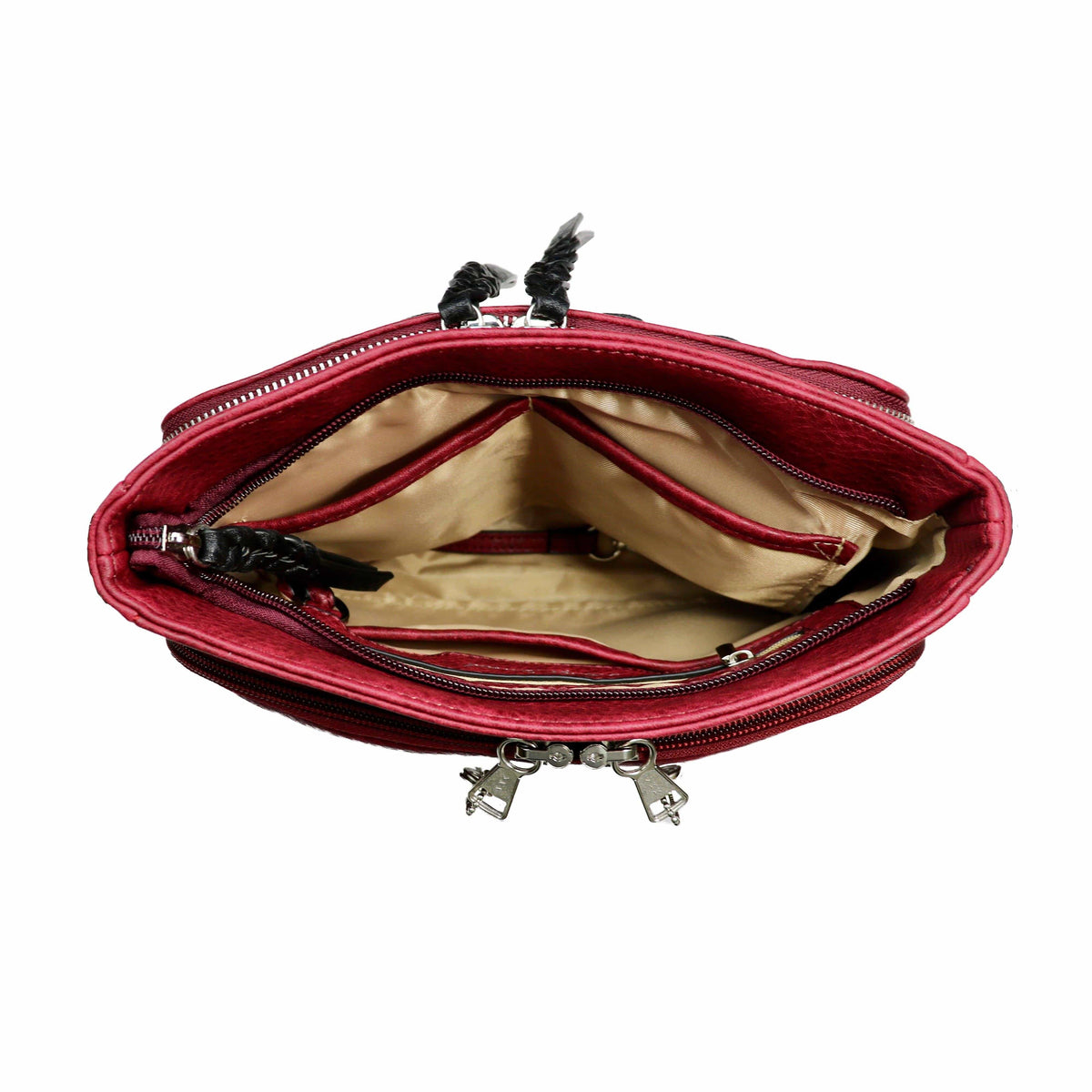 Skylar Concealed Carry Crossbody Organizer in Burgundy – shown with handgun 4