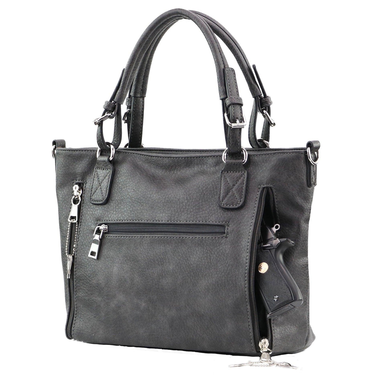 Ella Concealed Carry Satchel in Gray – shown with handgun