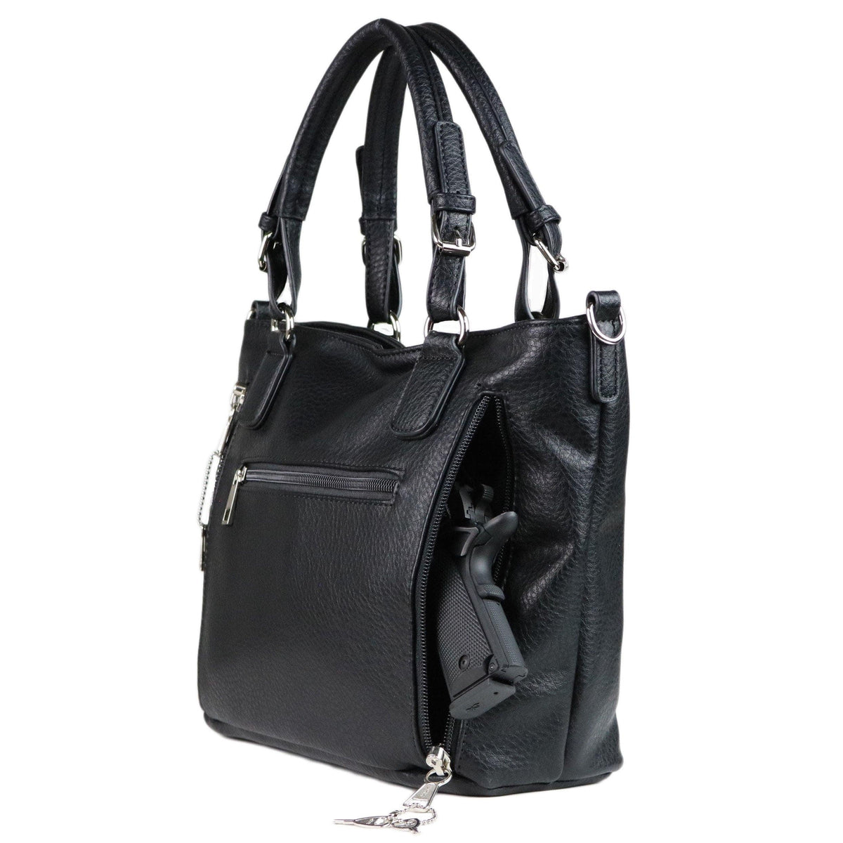 Ella Concealed Carry Satchel in Black – shown with handgun