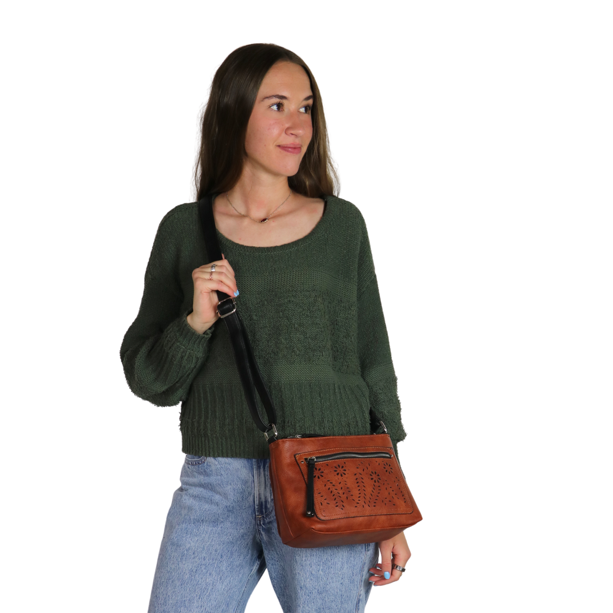 Hailey Concealed Carry Crossbody in Mahogany – worn by model
