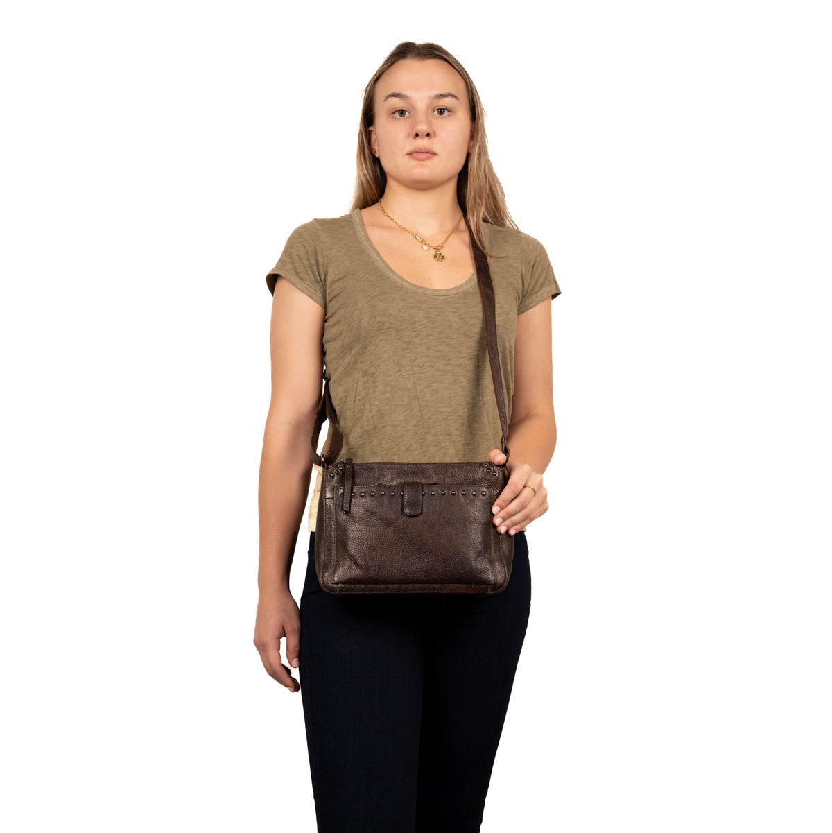 Concealed Carry Leah Buffalo Leather Crossbody with Wallet in Dark Brown – worn by model