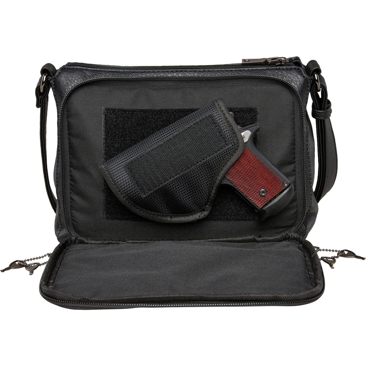 Concealed Carry Kinsley Crossbody with RFID Slim Wallet in Cinnamon – shown with handgun 3