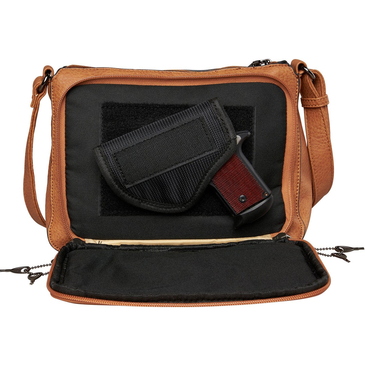 Concealed Carry Kinsley Crossbody with RFID Slim Wallet in Cinnamon – shown with handgun