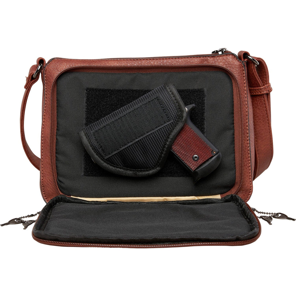 Concealed Carry Kinsley Crossbody with RFID Slim Wallet in Cinnamon – shown with handgun 4