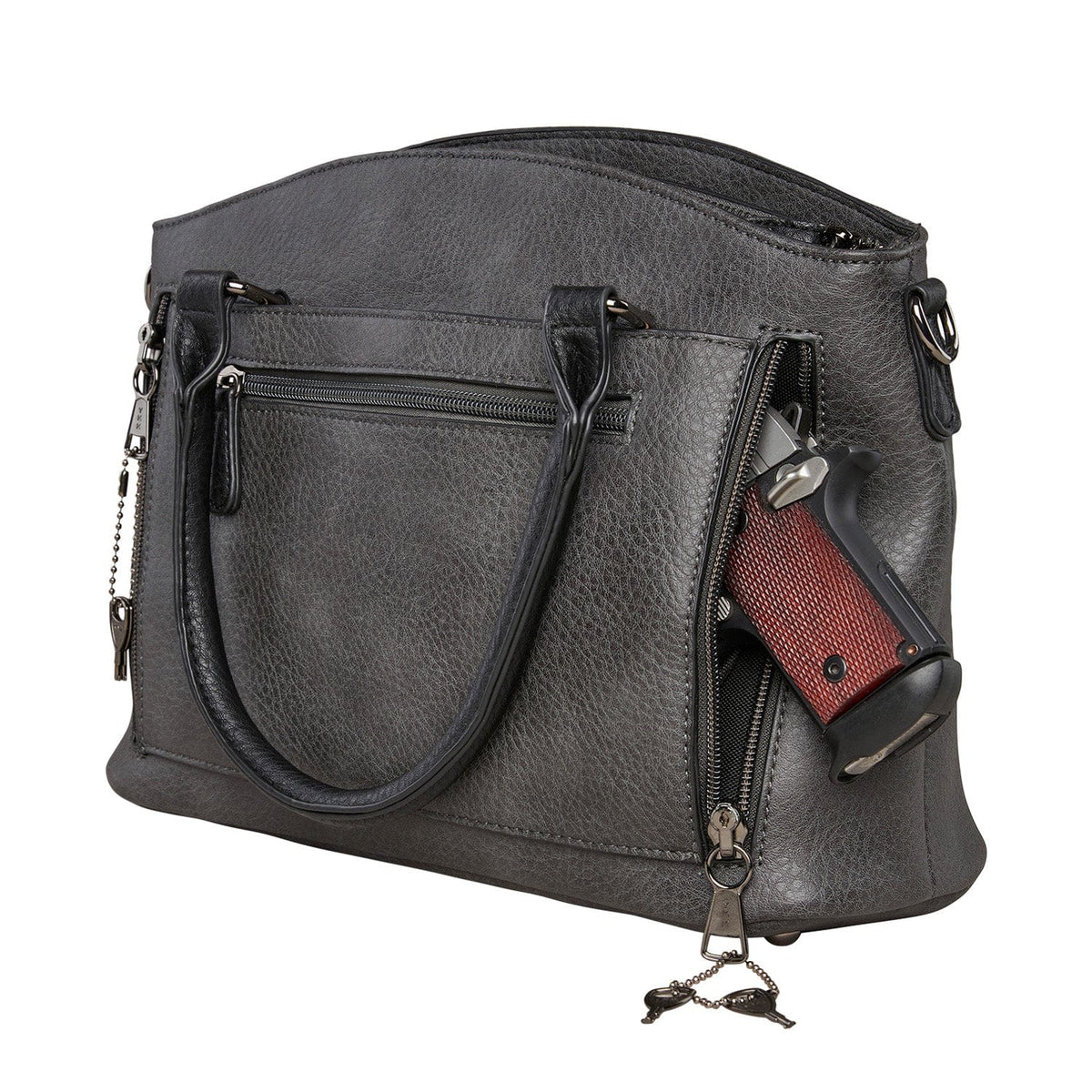 Concealed Carry Carly Satchel in Gray – shown with handgun 2