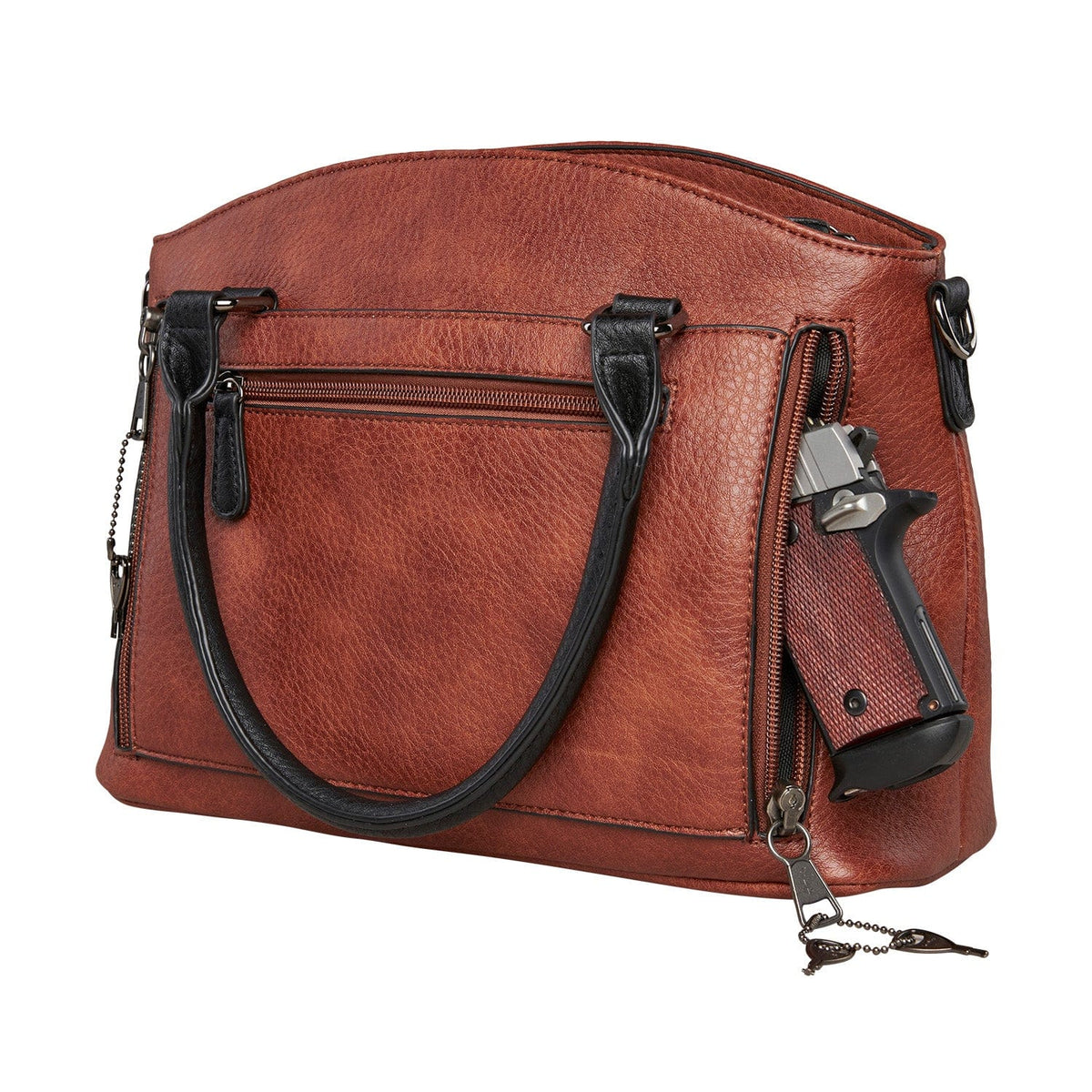 Concealed Carry Carly Satchel in Gray – shown with handgun
