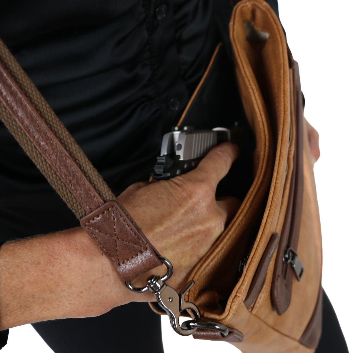 Concealed Carry Addison Crossbody in Light Brown – worn by model 2