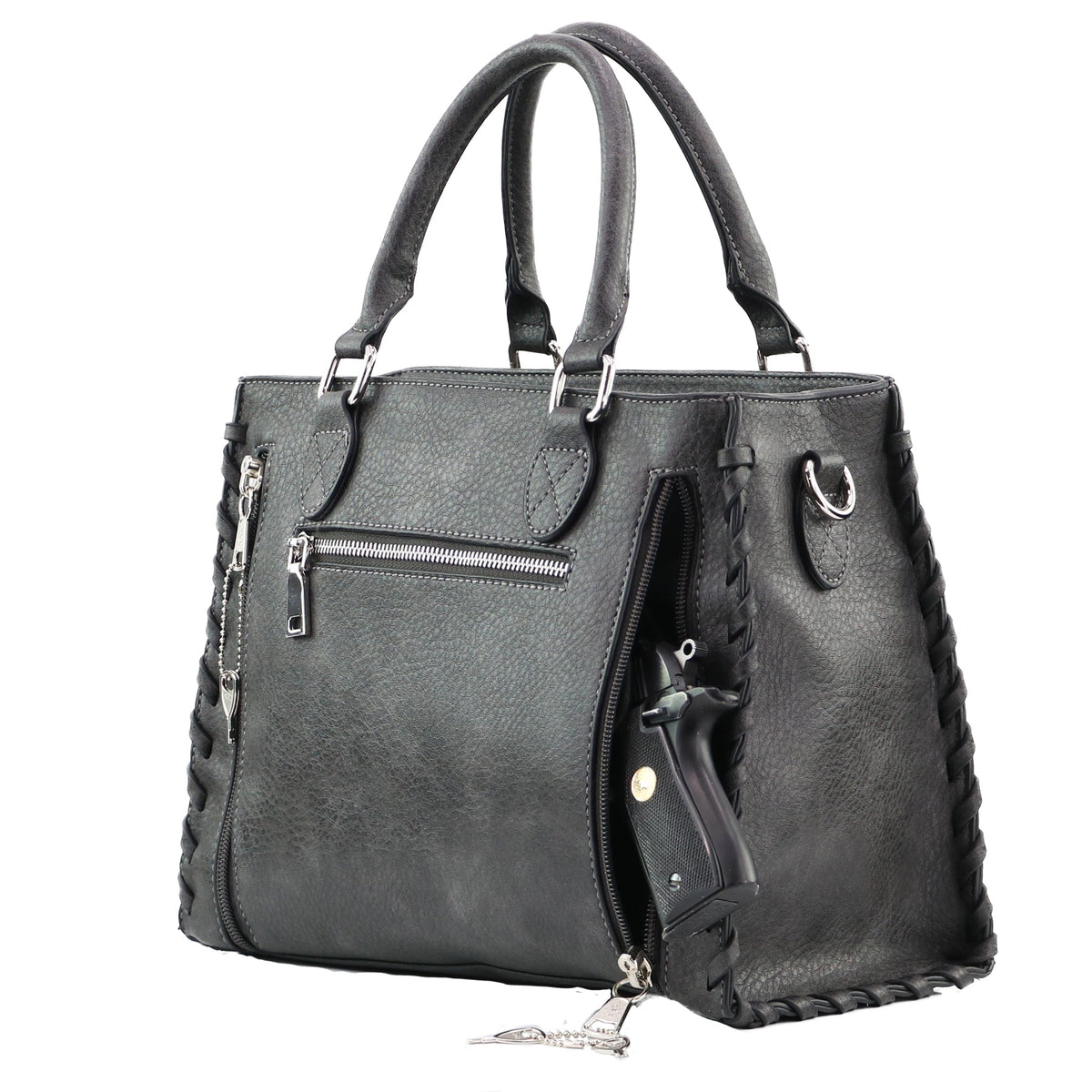 Concealed Carry Crossbody Ann Satchel in Gray – shown with handgun