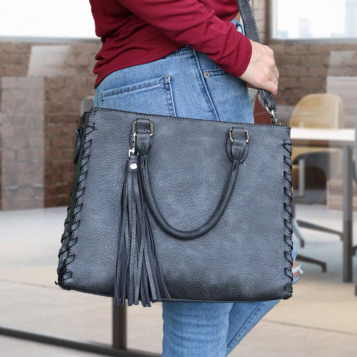 Concealed Carry Crossbody Ann Satchel in Gray – worn by model