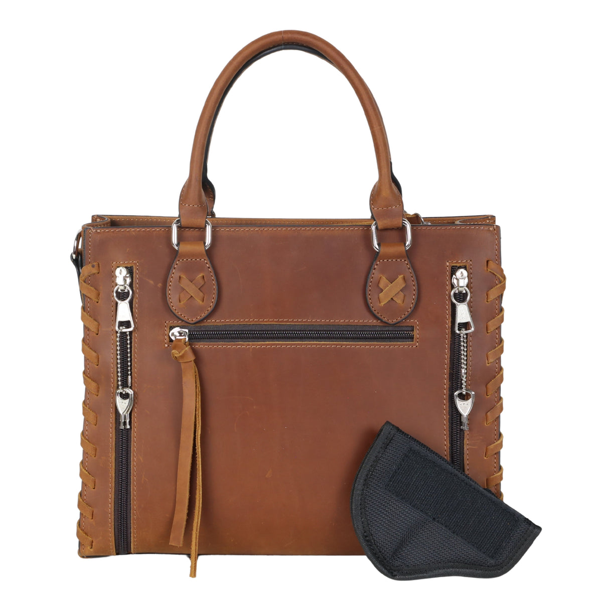 Concealed Carry Emma Leather Satchel in Distressed Brown – holster compartment