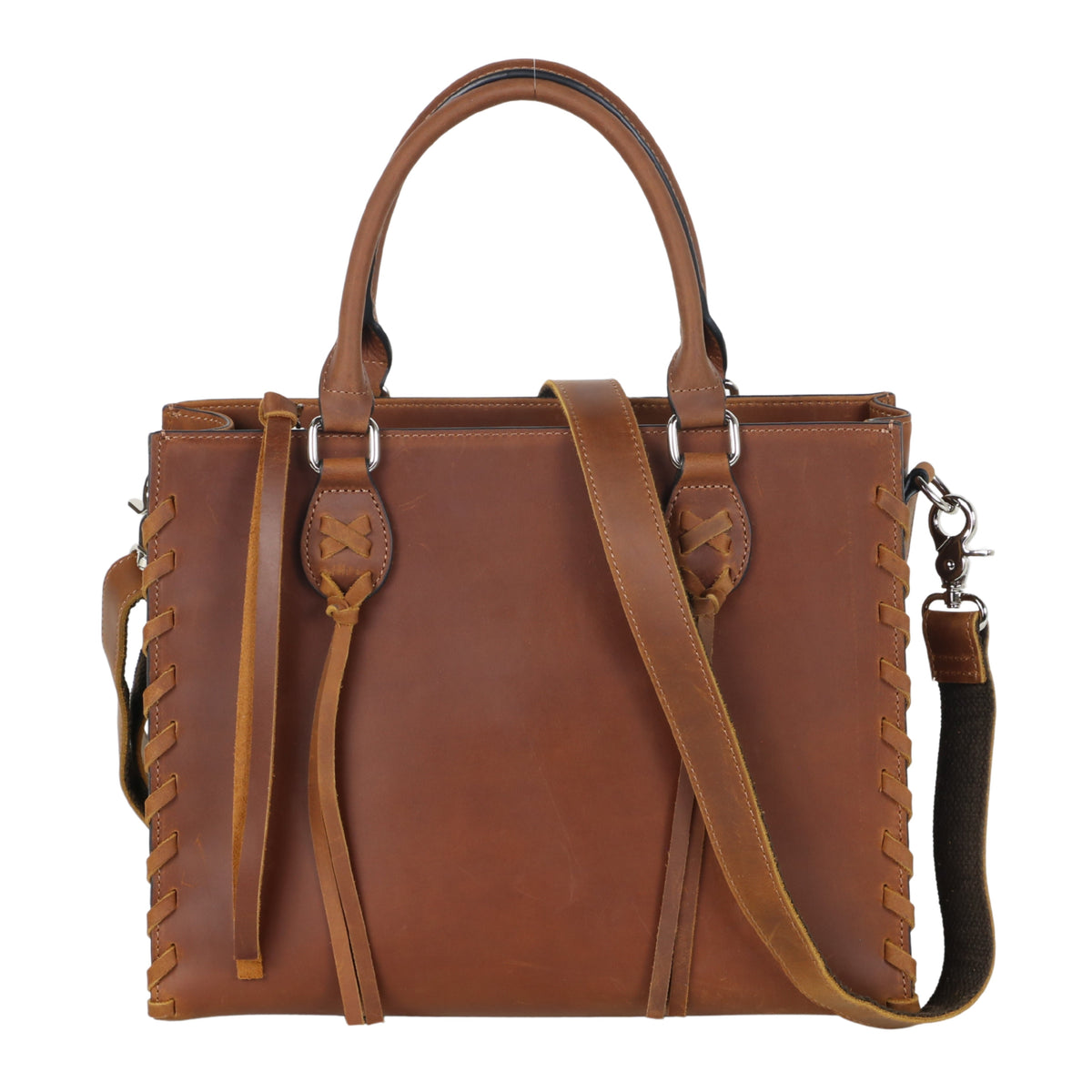 Concealed Carry Emma Leather Satchel in Distressed Brown – front view