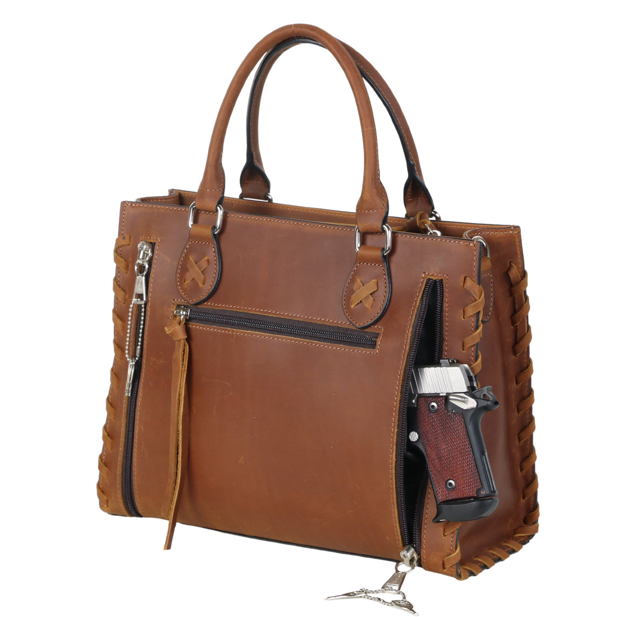 Concealed Carry Emma Leather Satchel in Distressed Brown – shown with handgun