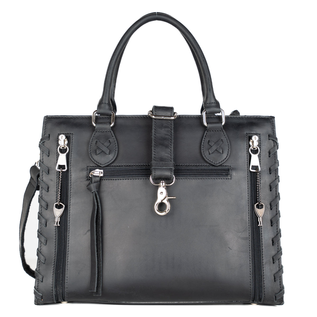 Concealed Carry Emma Leather Satchel in Distressed Black – back view