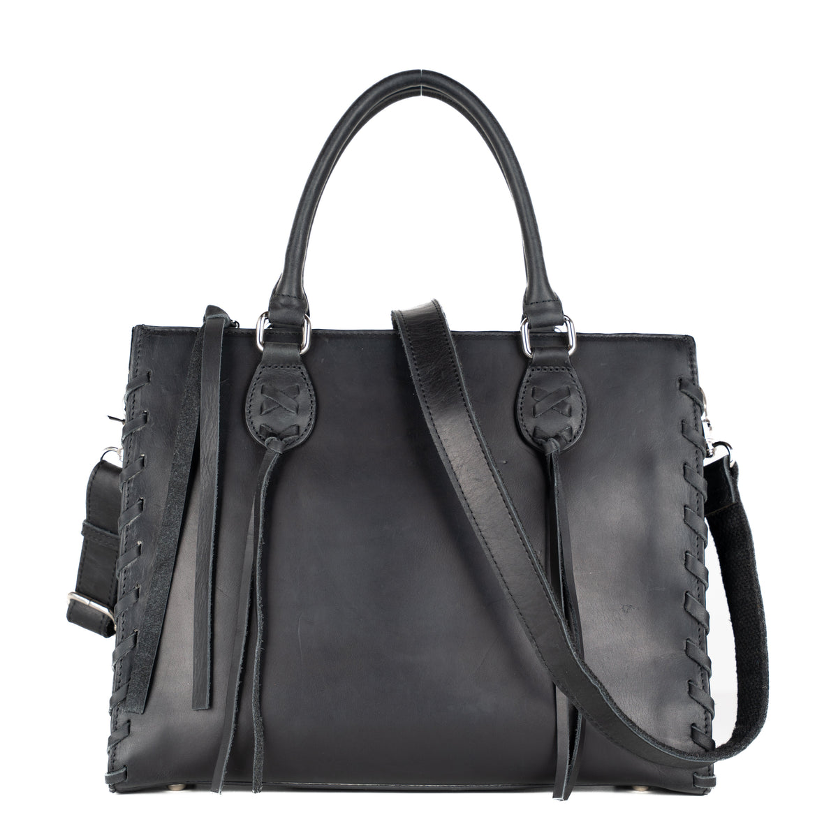 Concealed Carry Emma Leather Satchel in Distressed Black – front view