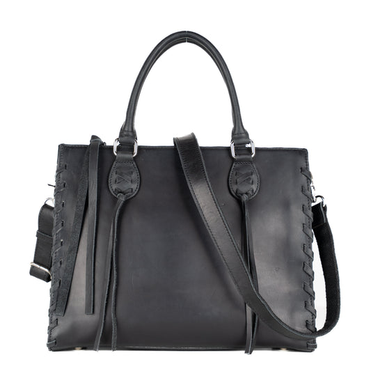 Concealed Carry Emma Leather Satchel in Distressed Black – front view