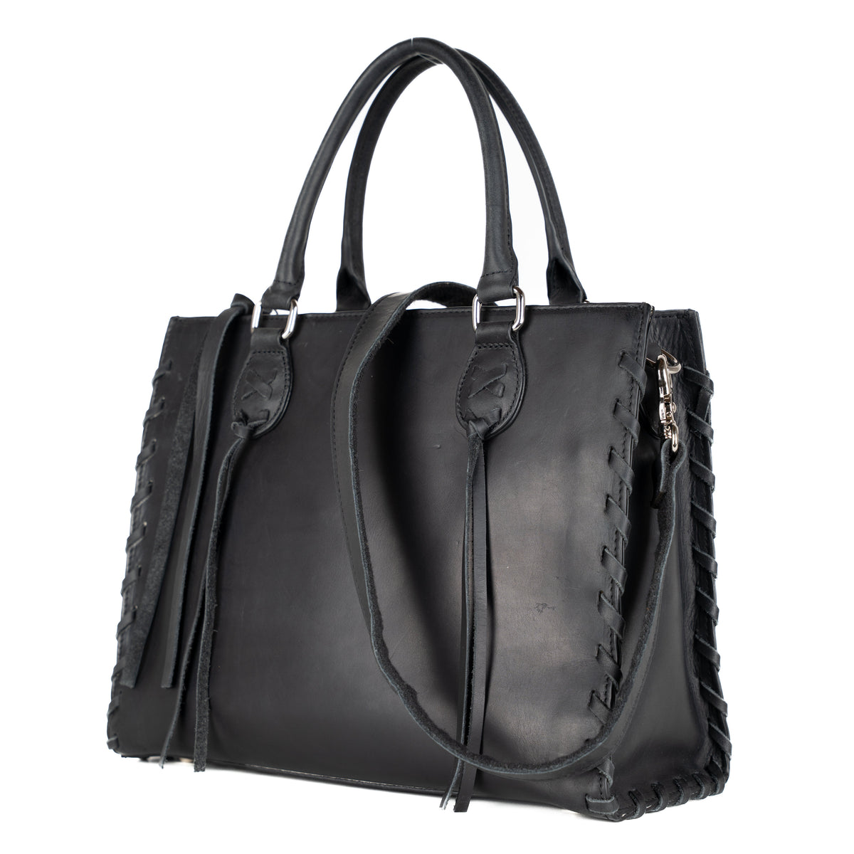 Concealed Carry Emma Leather Satchel in Distressed Black – side view