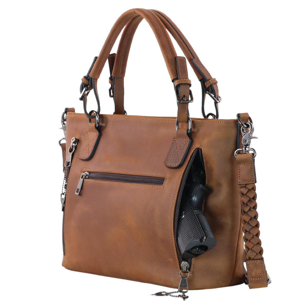 Concealed Carry Bailey Leather Satchel in Distressed Brown – shown with handgun