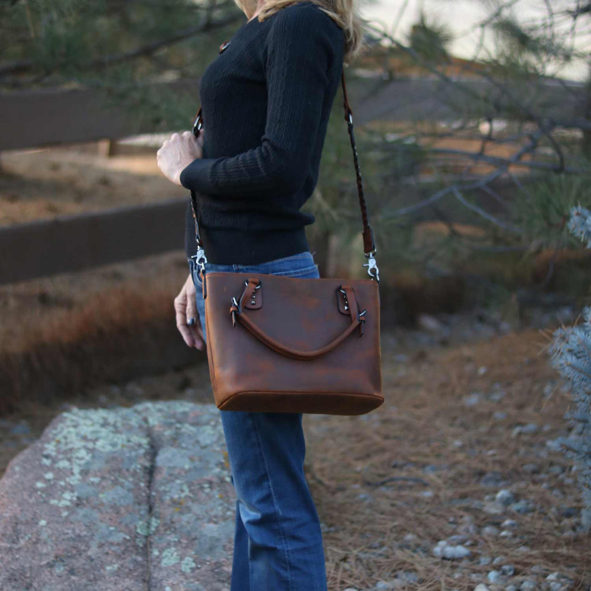 Concealed Carry Bailey Leather Satchel in Distressed Brown – worn by model