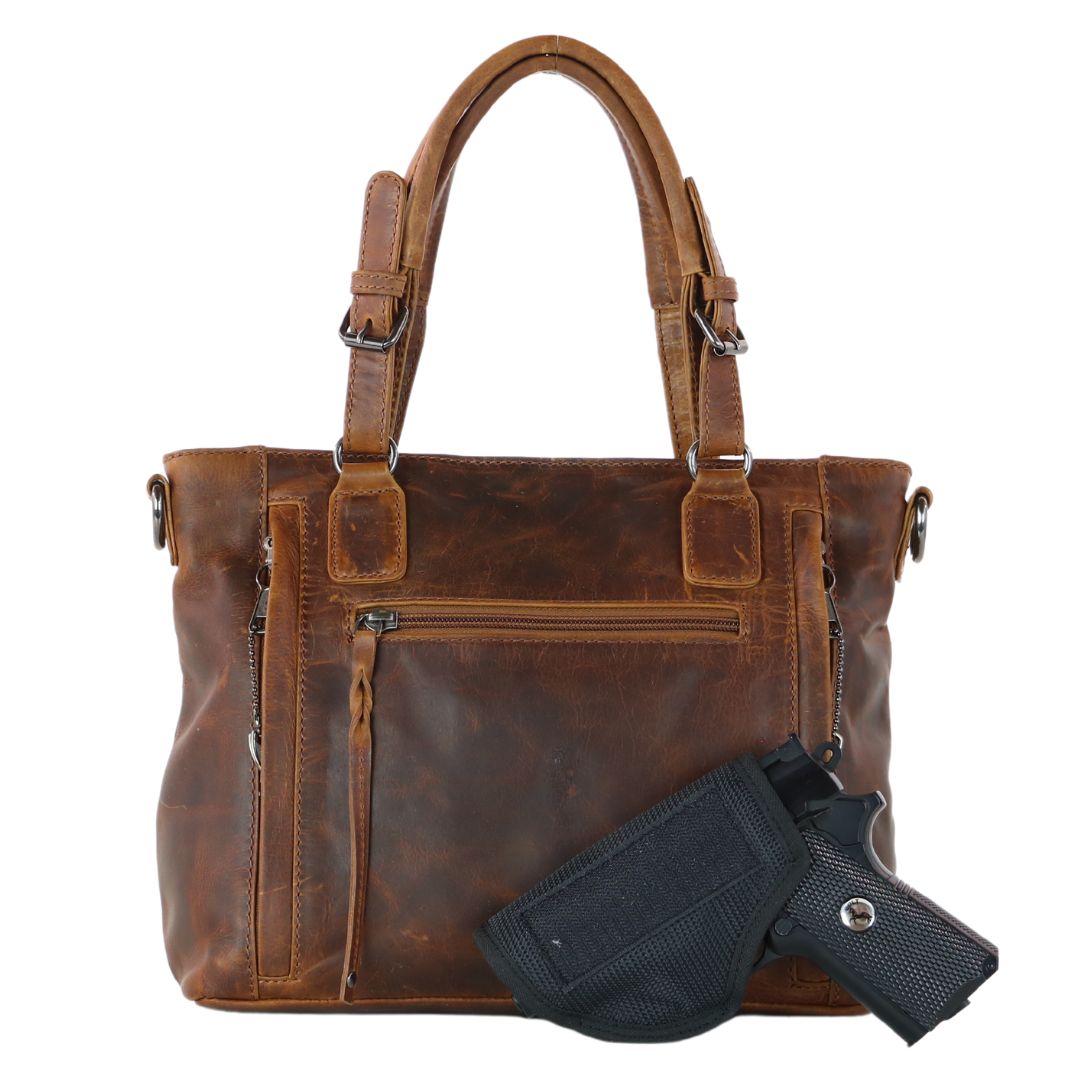 Concealed Carry Bailey Leather Satchel in Cognac – holster compartment