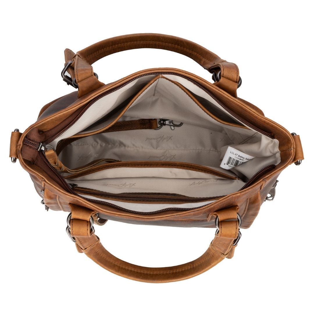 Concealed Carry Bailey Leather Satchel in Cognac – interior view