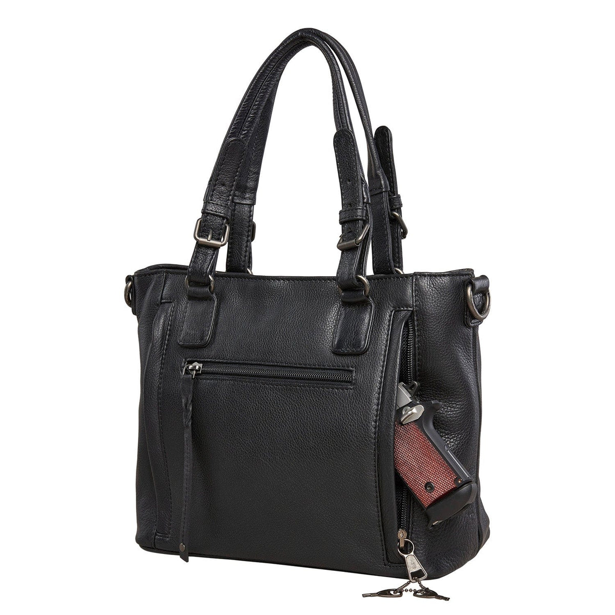 Concealed Carry Bailey Leather Satchel in Cognac – shown with handgun 3