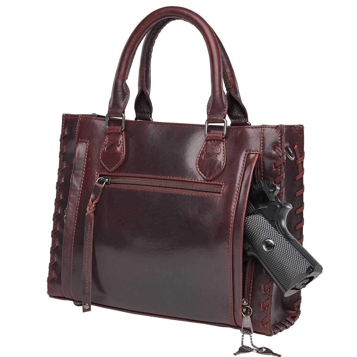 Concealed Carry Emma Leather Satchel in Bordo – shown with handgun