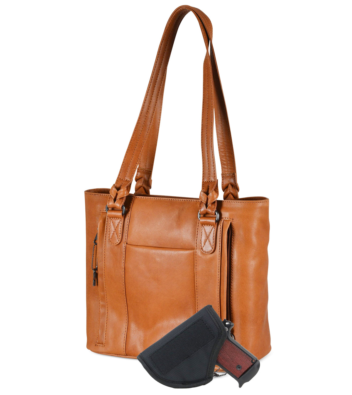 Peyton Leather Concealed Carry Tote in Caramel – shown with handgun