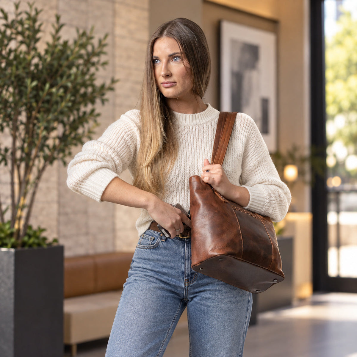 Peyton Leather Concealed Carry Tote in Cognac – additional view 1