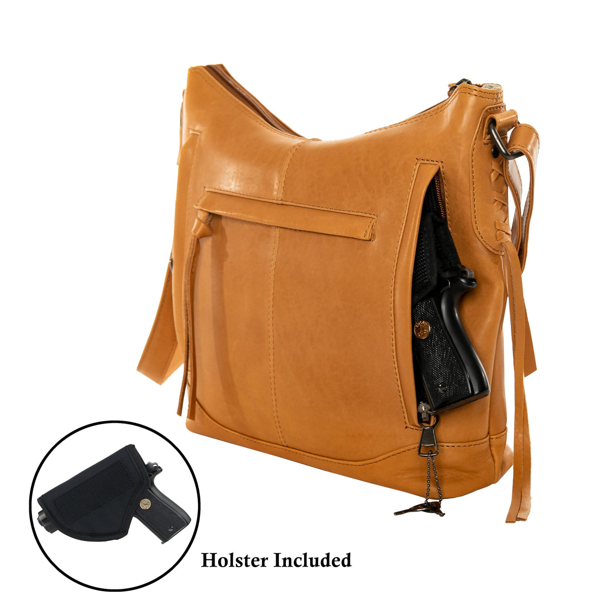 Concealed Carry Blake Leather Crossbody in Caramel – holster compartment