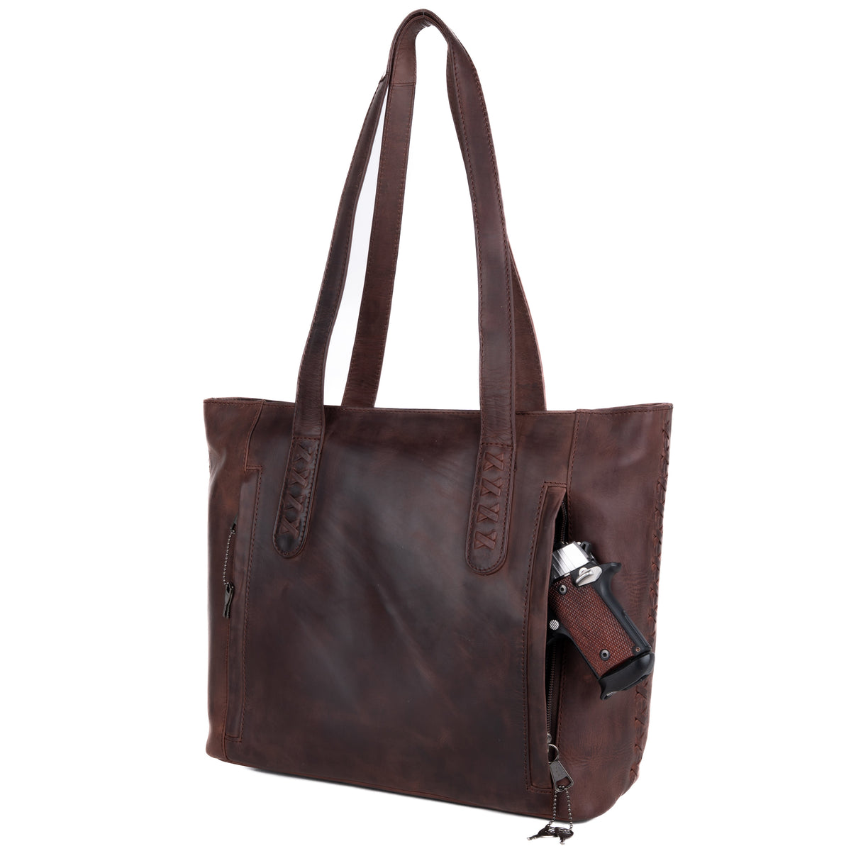 Concealed Carry Norah Leather Tote in Dark Mahogany – shown with handgun