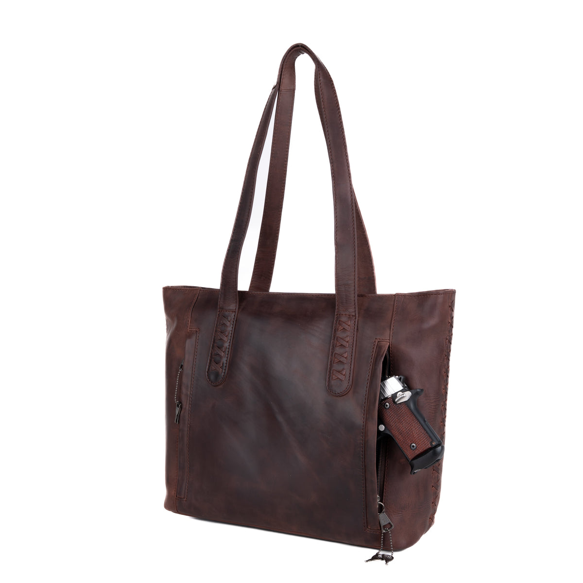 Concealed Carry Reagan Medium Leather Tote in Dark Mahogany – shown with handgun