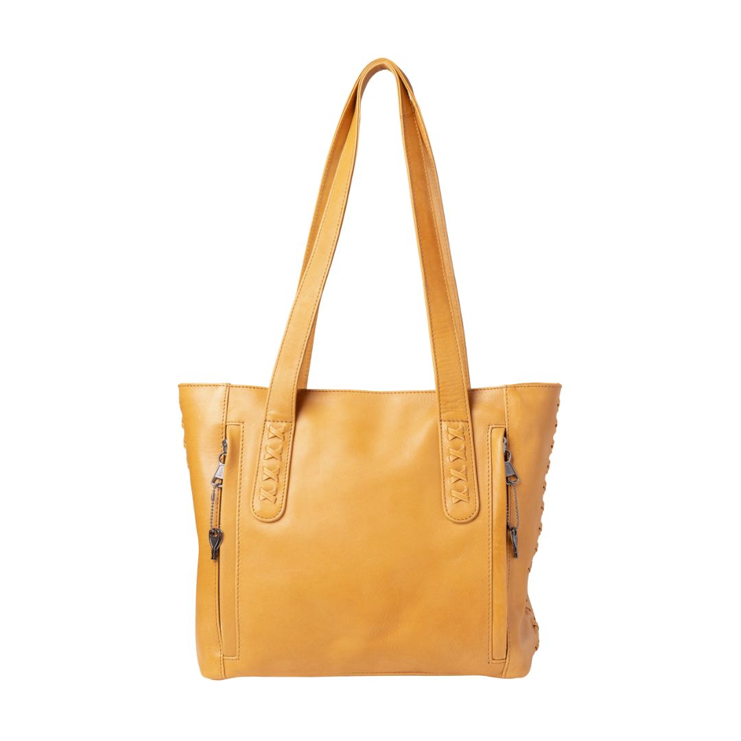 Concealed Carry Reagan Medium Leather Tote in Caramel – back view